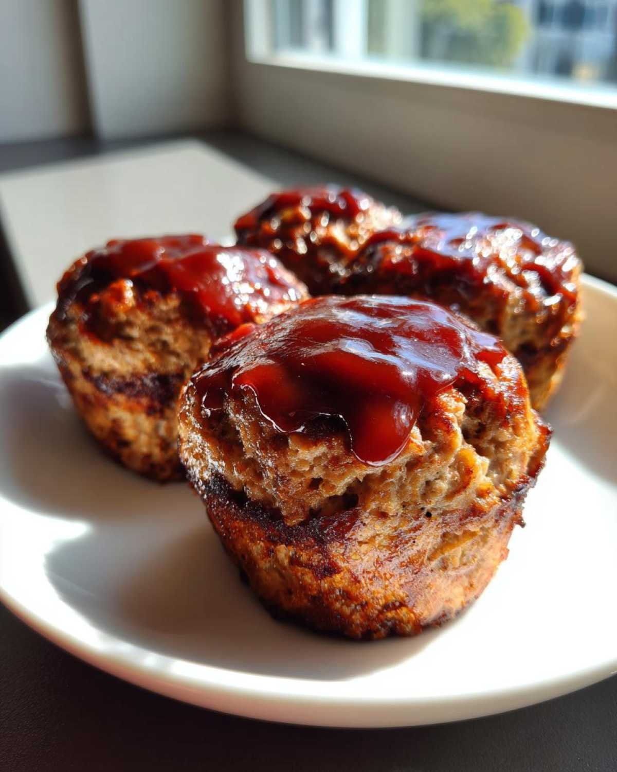 Four baked mini meatloaf portions topped with a thick, glossy ketchup glaze, served on a white plate.