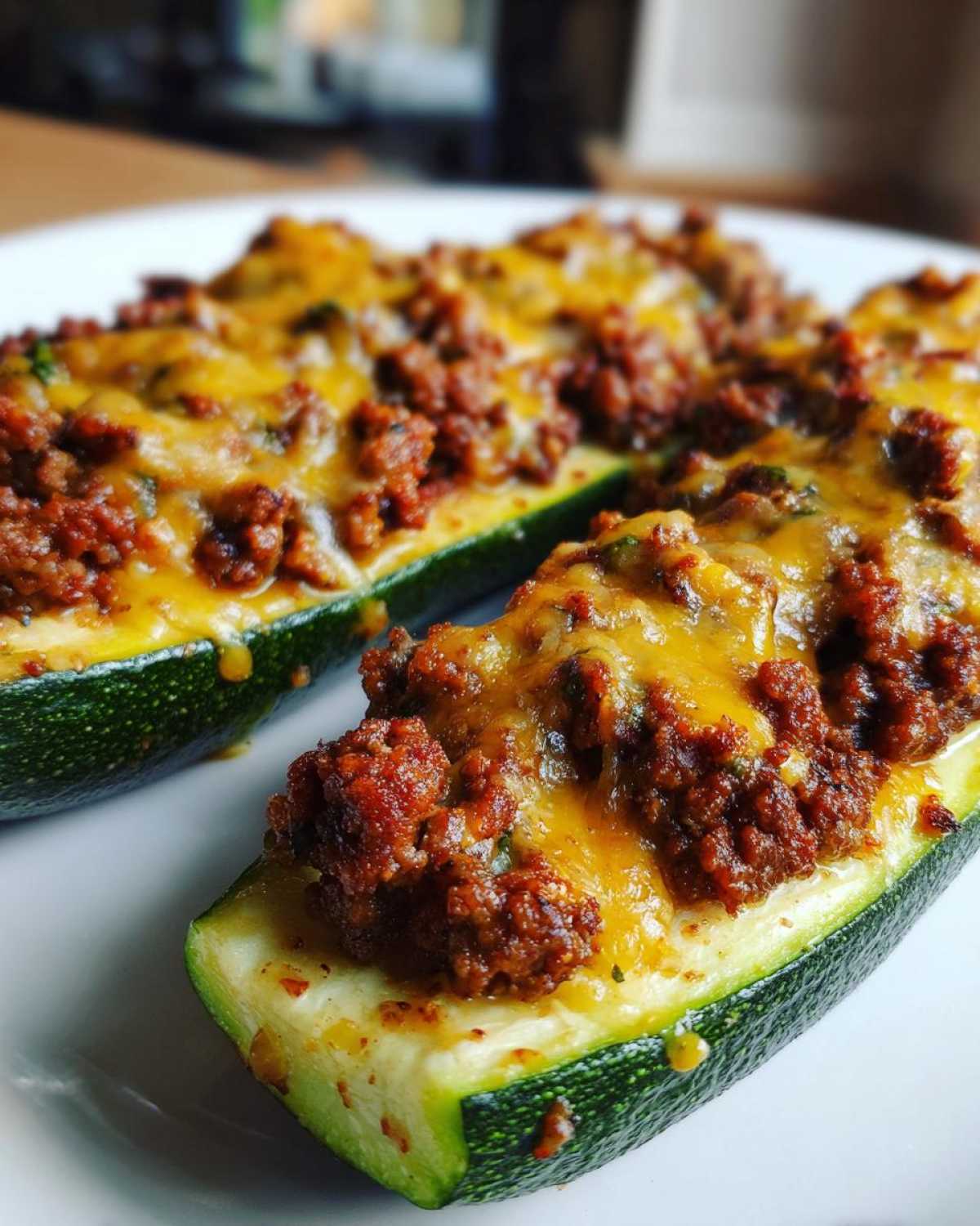 Close-up of Keto Cheesy Taco Stuffed Zucchini Boats topped with seasoned ground meat and melted cheddar cheese.