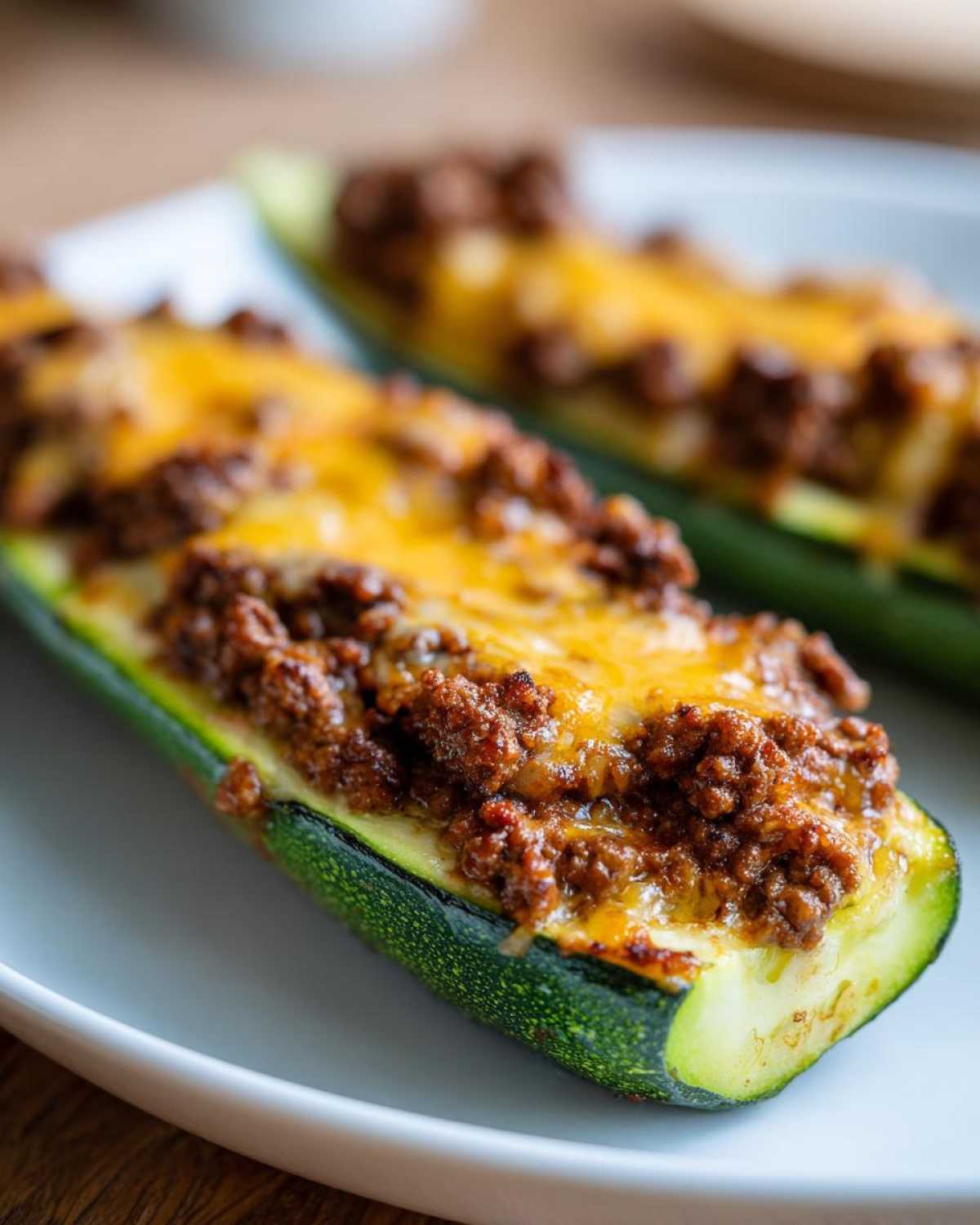 Close-up of two Keto Cheesy Taco Stuffed Zucchini Boats filled with seasoned ground meat and melted cheddar cheese.