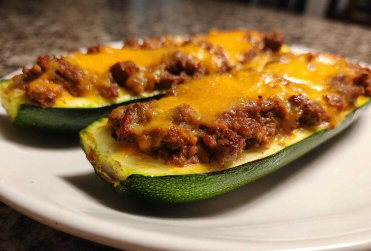 Two halves of Keto Cheesy Taco Stuffed Zucchini Boats filled with seasoned ground meat and melted cheddar cheese, served on a white plate.