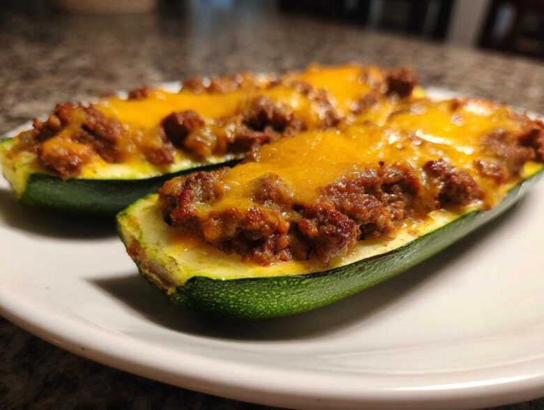 Two halves of Keto Cheesy Taco Stuffed Zucchini Boats filled with seasoned ground meat and melted cheddar cheese, served on a white plate.