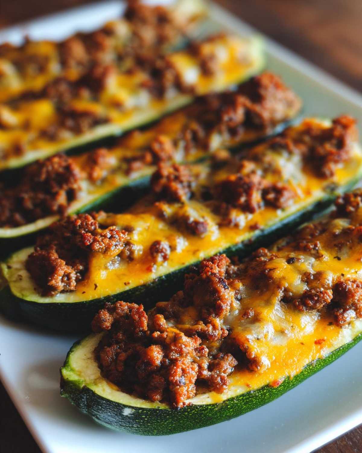 Close-up of four Keto Cheesy Taco Stuffed Zucchini Boats filled with seasoned ground meat and melted cheddar cheese.