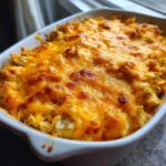 A close-up of a baked Keto Creamy Buffalo Chicken Casserole topped with bubbly, melted cheddar cheese.