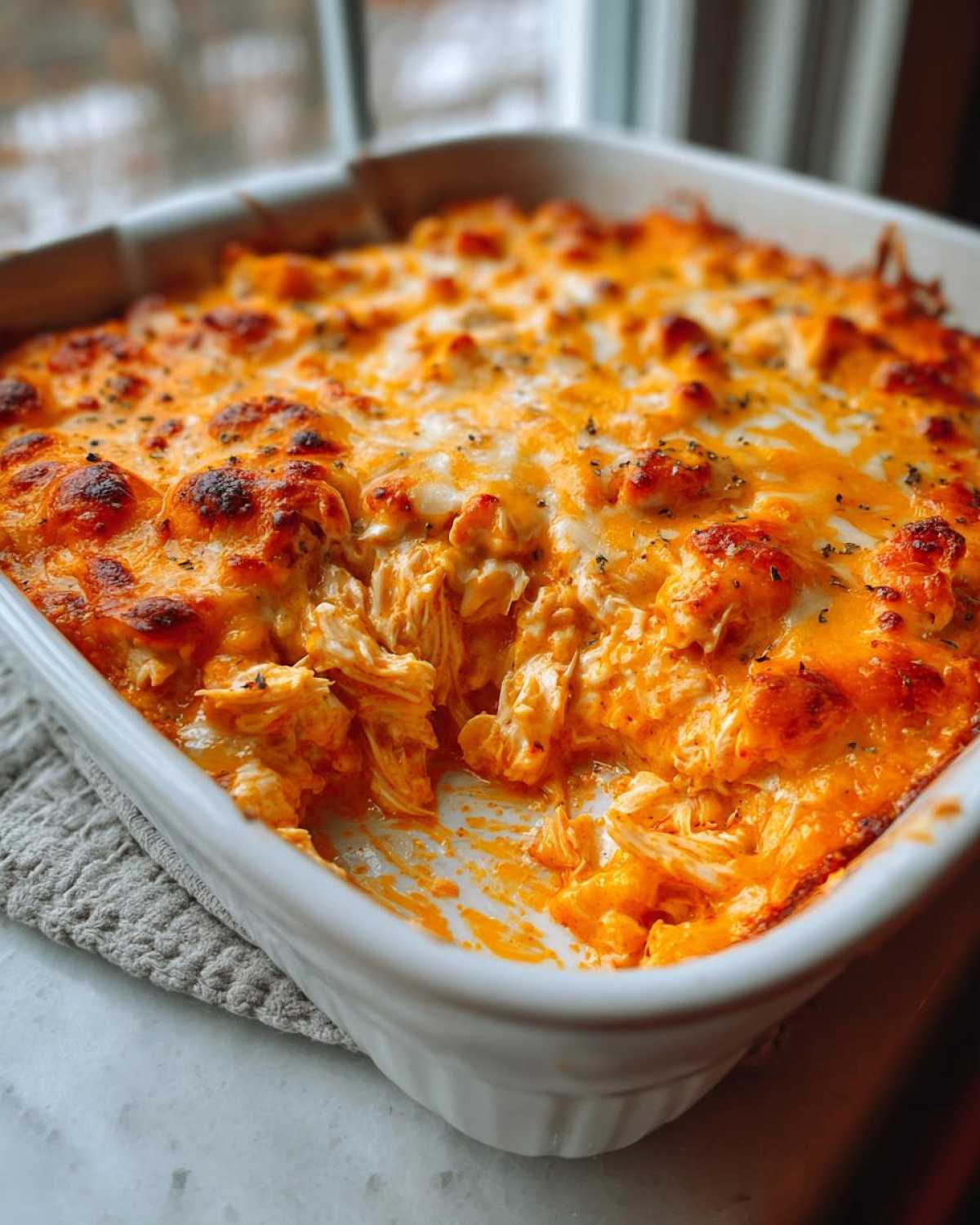 Close-up of a bubbling Keto Creamy Buffalo Chicken Casserole topped with melted, browned cheese in a white baking dish.