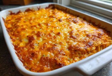 Close-up of a baked Keto Creamy Buffalo Chicken Casserole with a bubbly, golden-brown melted cheese topping.