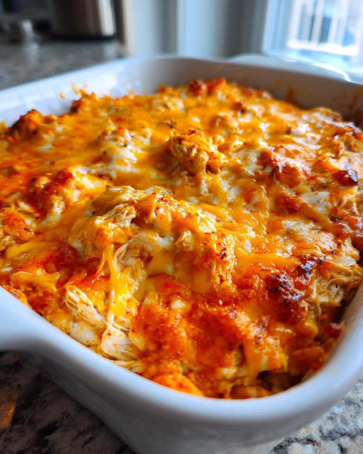 Close-up of a bubbling Keto Creamy Buffalo Chicken Casserole topped with melted orange cheddar cheese.