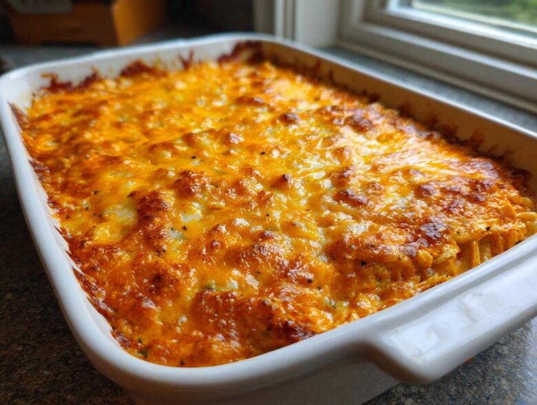 Close-up of a baked Keto Creamy Buffalo Chicken Casserole with a bubbly, golden-brown melted cheese topping.