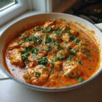 Close-up of Keto Creamy Butter Chicken Skillet with rich orange sauce and fresh cilantro garnish.
