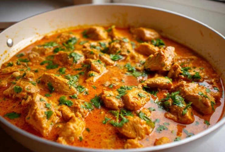 Close-up of Keto Creamy Butter Chicken Skillet with tender chicken pieces in a rich, orange sauce, garnished with fresh cilantro.