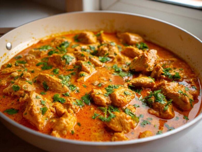 Close-up of Keto Creamy Butter Chicken Skillet with tender chicken pieces in a rich, orange sauce, garnished with fresh cilantro.