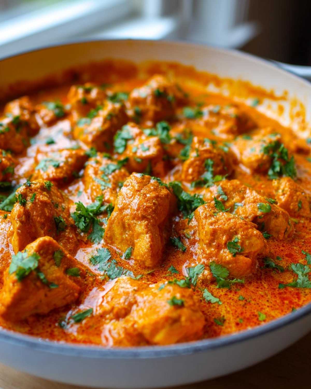 Close-up of tender chicken pieces simmering in a rich, orange sauce in a skillet, garnished with fresh cilantro for Keto Creamy Butter Chicken Skillet.
