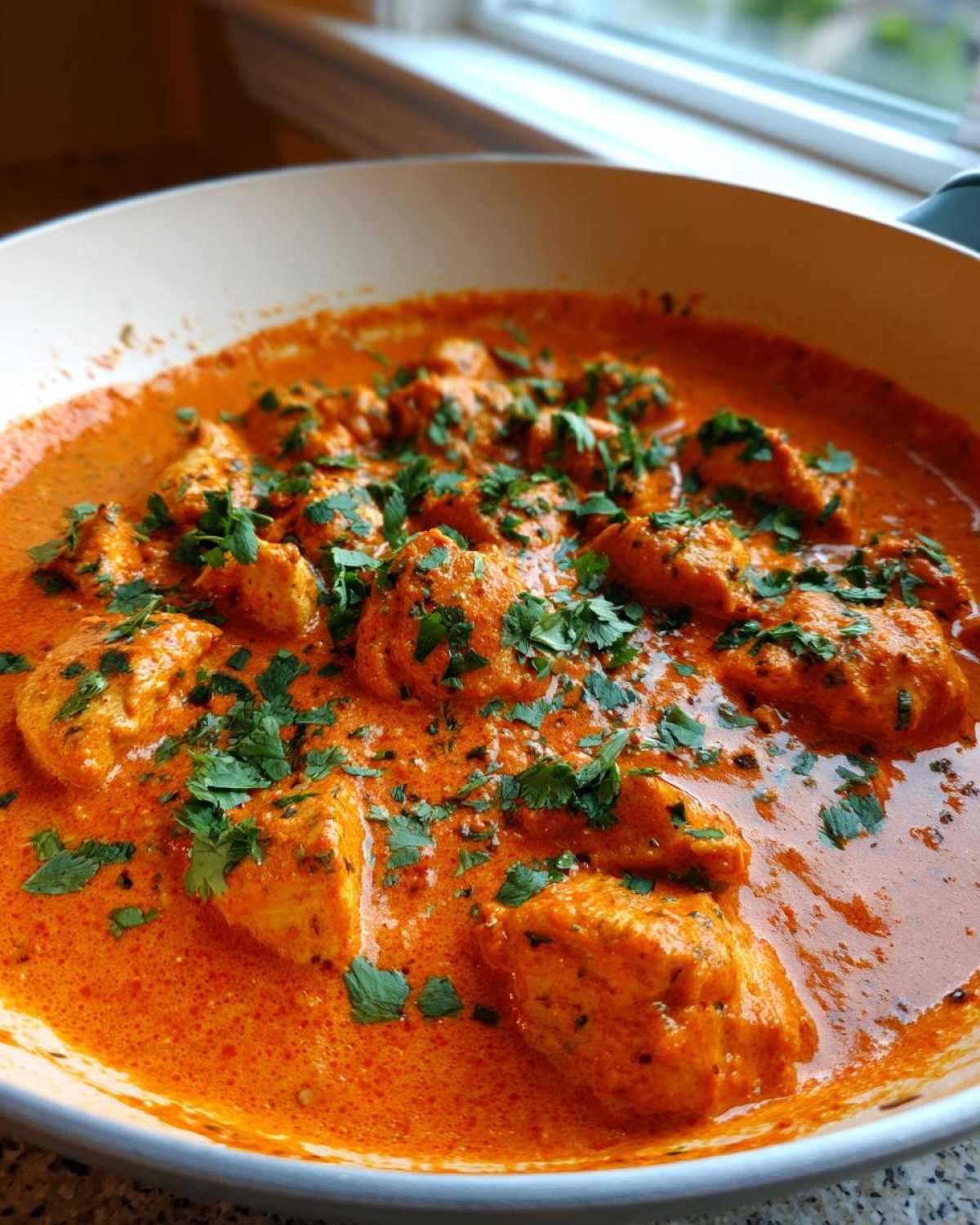 Close-up of Keto Creamy Butter Chicken Skillet with rich orange sauce and fresh cilantro garnish in a white pan.