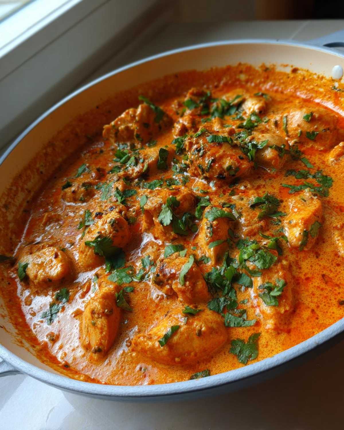 Close-up of Keto Creamy Butter Chicken Skillet in a pan, rich orange sauce, garnished with fresh cilantro.
