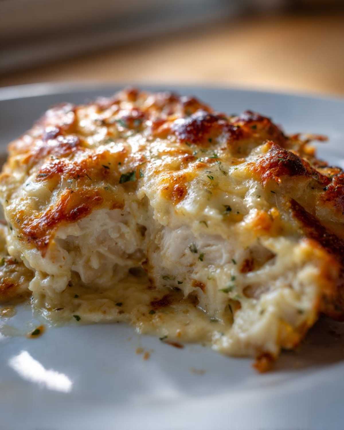 A close-up of a serving of Keto Creamy Garlic Parmesan Chicken Bake showing tender chicken covered in melted, browned cheese sauce.