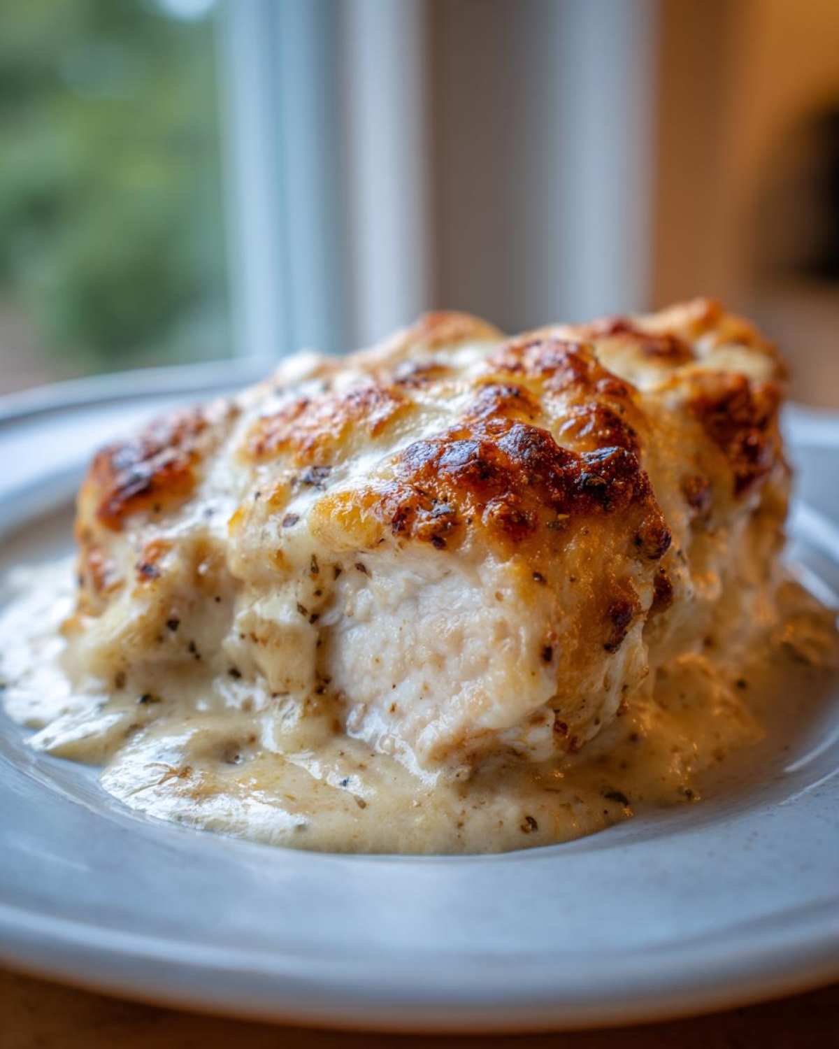 Close-up of a juicy piece of Keto Creamy Garlic Parmesan Chicken Bake with a browned, cheesy top.