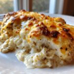 A close-up of a serving of Keto Creamy Garlic Parmesan Chicken Bake with a bubbly, browned cheese topping.
