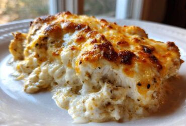 A close-up of a serving of Keto Creamy Garlic Parmesan Chicken Bake with a bubbly, browned cheese topping.
