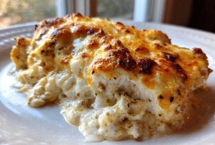 A close-up of a serving of Keto Creamy Garlic Parmesan Chicken Bake with a bubbly, browned cheese topping.