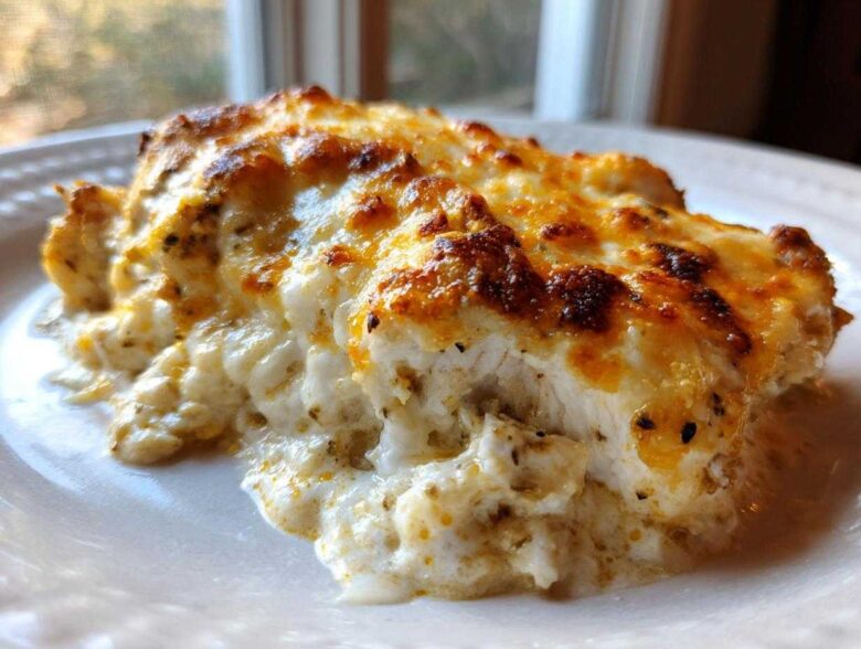 A close-up of a serving of Keto Creamy Garlic Parmesan Chicken Bake with a bubbly, browned cheese topping.