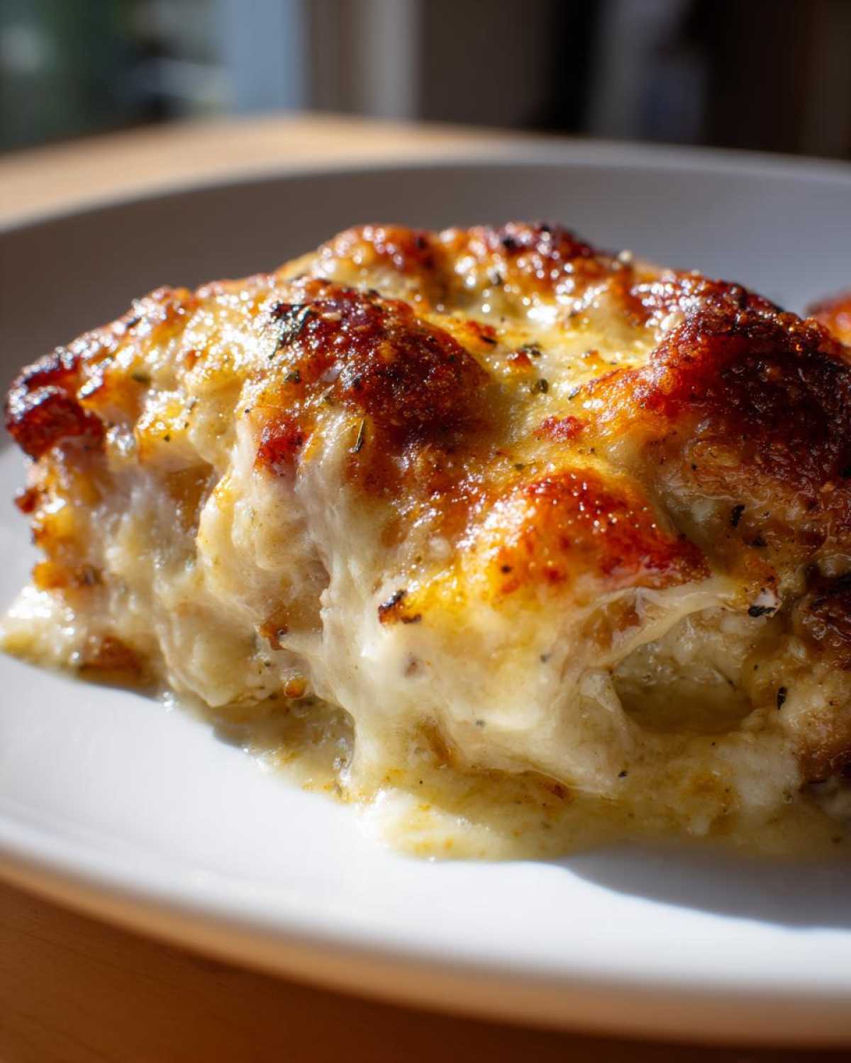 Close-up of a serving of Keto Creamy Garlic Parmesan Chicken Bake with a bubbly, browned cheese crust.
