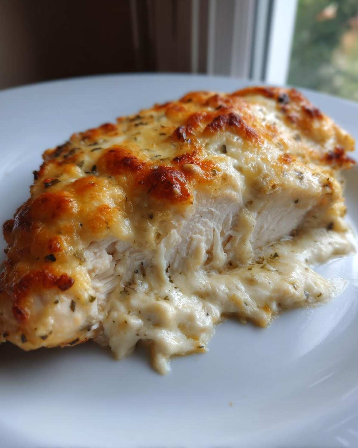 Cross-section of a juicy Keto Creamy Garlic Parmesan Chicken Bake showing tender white meat covered in melted, browned cheese sauce.