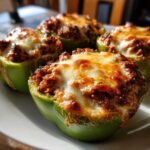 Four halves of Keto Creamy Italian Sausage Stuffed Peppers topped with melted, browned cheese on a white plate.
