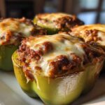 Four baked green bell peppers filled with Italian sausage mixture and topped with melted cheese, ready to eat Keto Creamy Italian Sausage Stuffed Peppers.