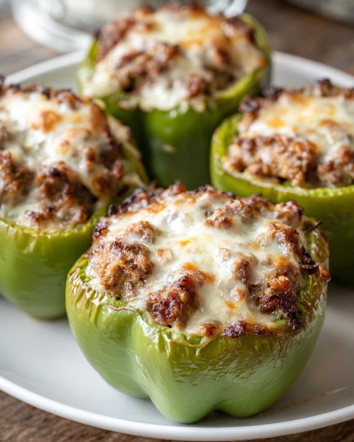 Four baked green bell peppers filled with Italian sausage and topped with melted cheese, representing Keto Creamy Italian Sausage Stuffed Peppers.