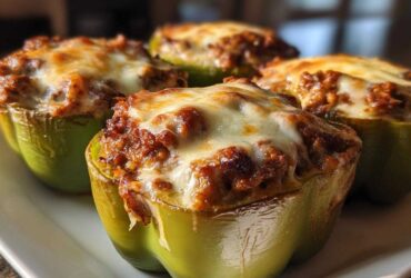 Four baked green bell peppers filled with Italian sausage mixture and topped with melted cheese, ready to eat Keto Creamy Italian Sausage Stuffed Peppers.
