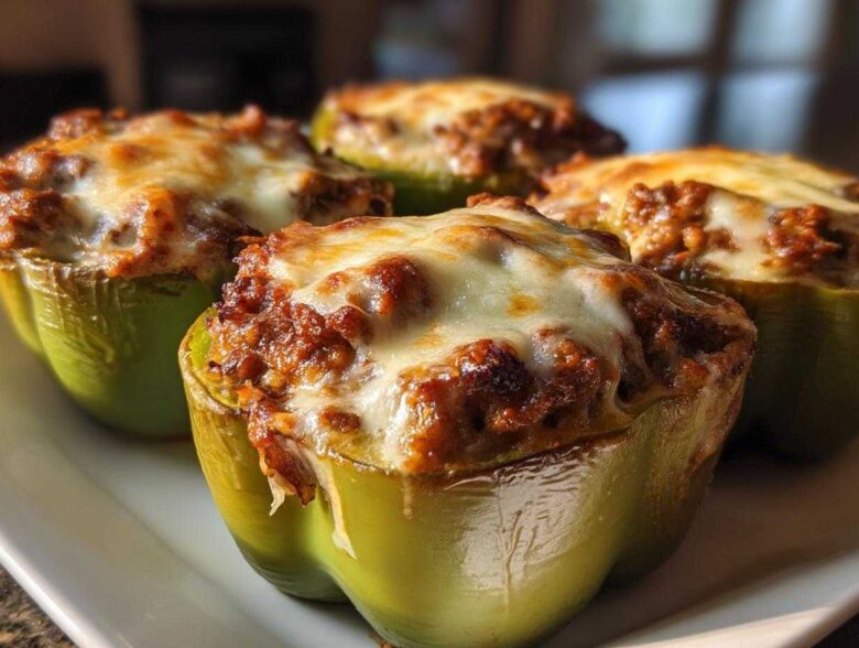 Four baked green bell peppers filled with Italian sausage mixture and topped with melted cheese, ready to eat Keto Creamy Italian Sausage Stuffed Peppers.