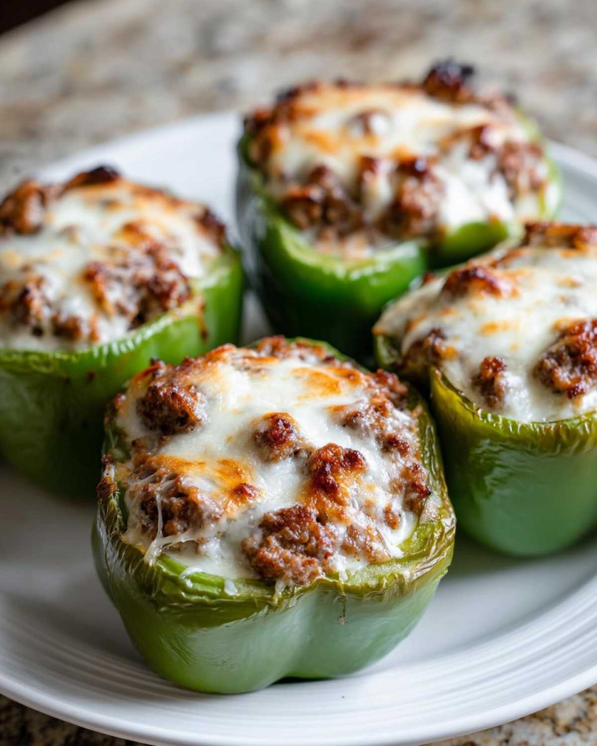 Four baked Keto Creamy Italian Sausage Stuffed Peppers topped with melted, browned cheese, served on a white plate.