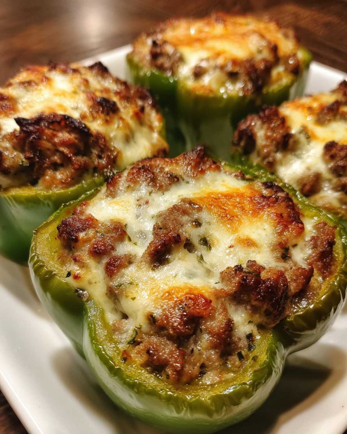 Close-up of four baked Keto Creamy Italian Sausage Stuffed Peppers topped with melted, browned cheese.