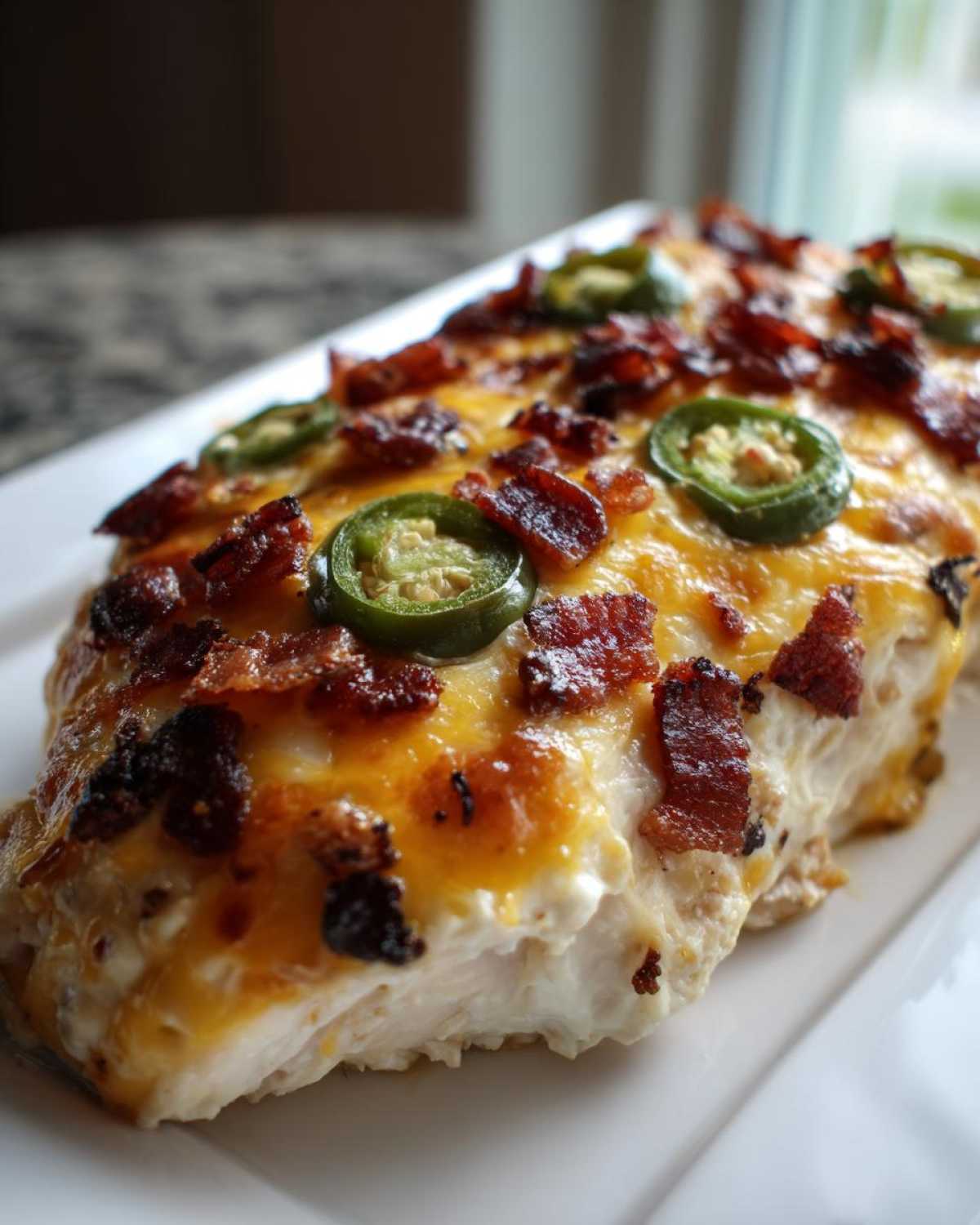 Close-up of a baked Keto Creamy Jalapeno Popper Chicken breast topped with melted cheese, bacon bits, and sliced jalapenos.