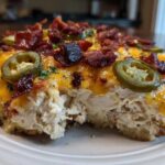 A cross-section of Keto Creamy Jalapeno Popper Chicken topped with melted cheese, bacon, and jalapeno slices.