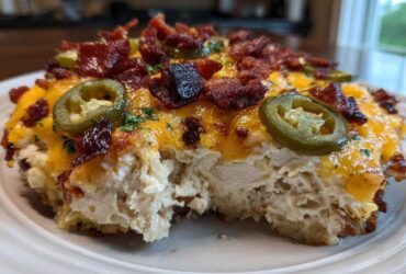A cross-section of Keto Creamy Jalapeno Popper Chicken topped with melted cheese, bacon, and jalapeno slices.
