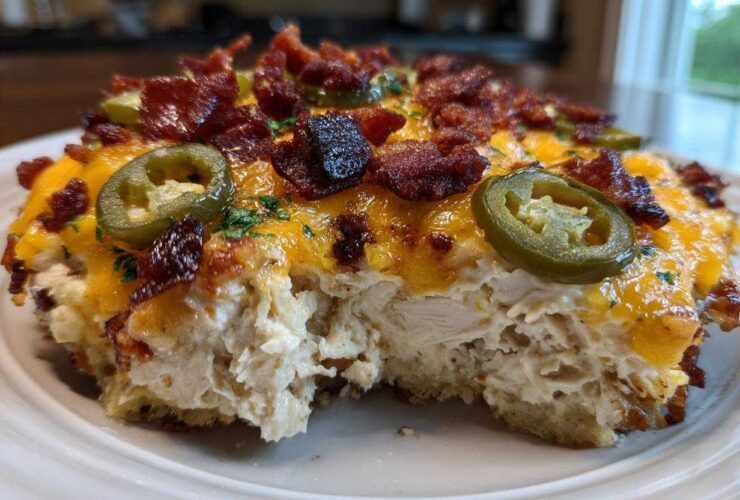 A cross-section of Keto Creamy Jalapeno Popper Chicken topped with melted cheese, bacon, and jalapeno slices.
