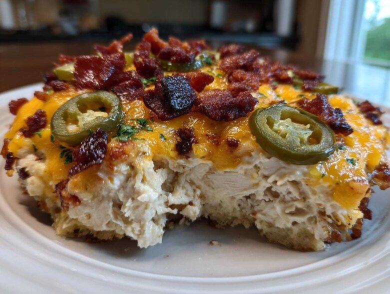 A cross-section of Keto Creamy Jalapeno Popper Chicken topped with melted cheese, bacon, and jalapeno slices.