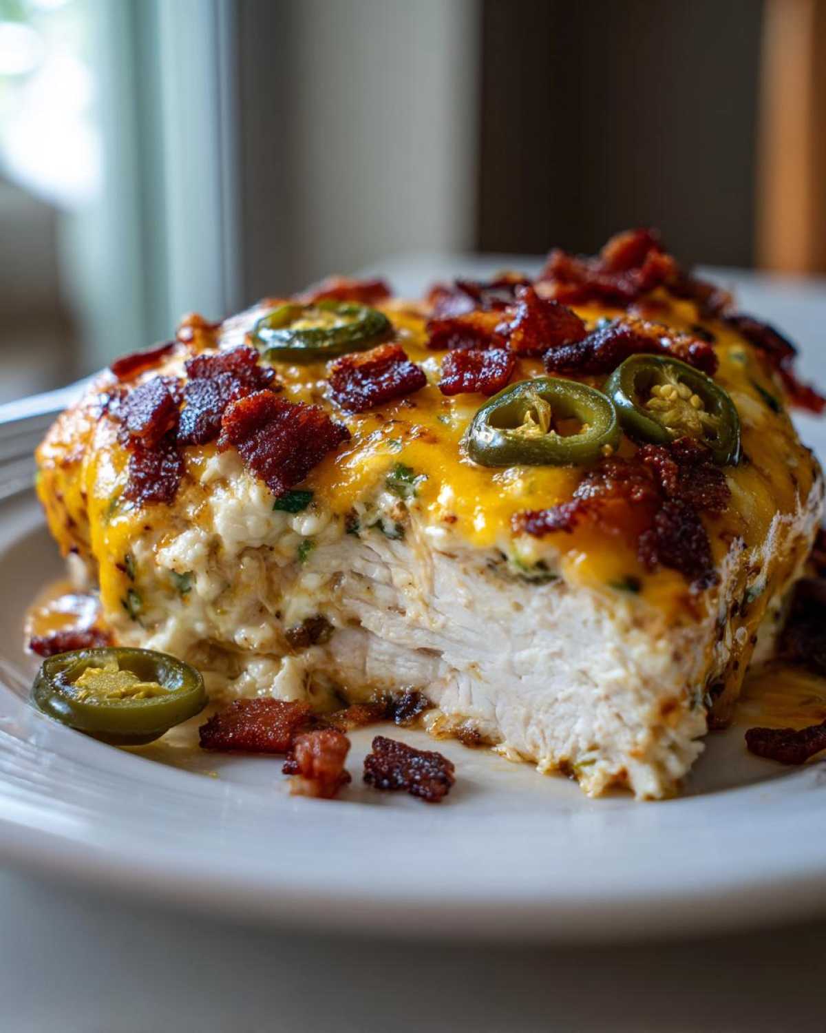 A cross-section view of Keto Creamy Jalapeno Popper Chicken, showing juicy white meat topped with melted cheese, bacon bits, and jalapeño slices.