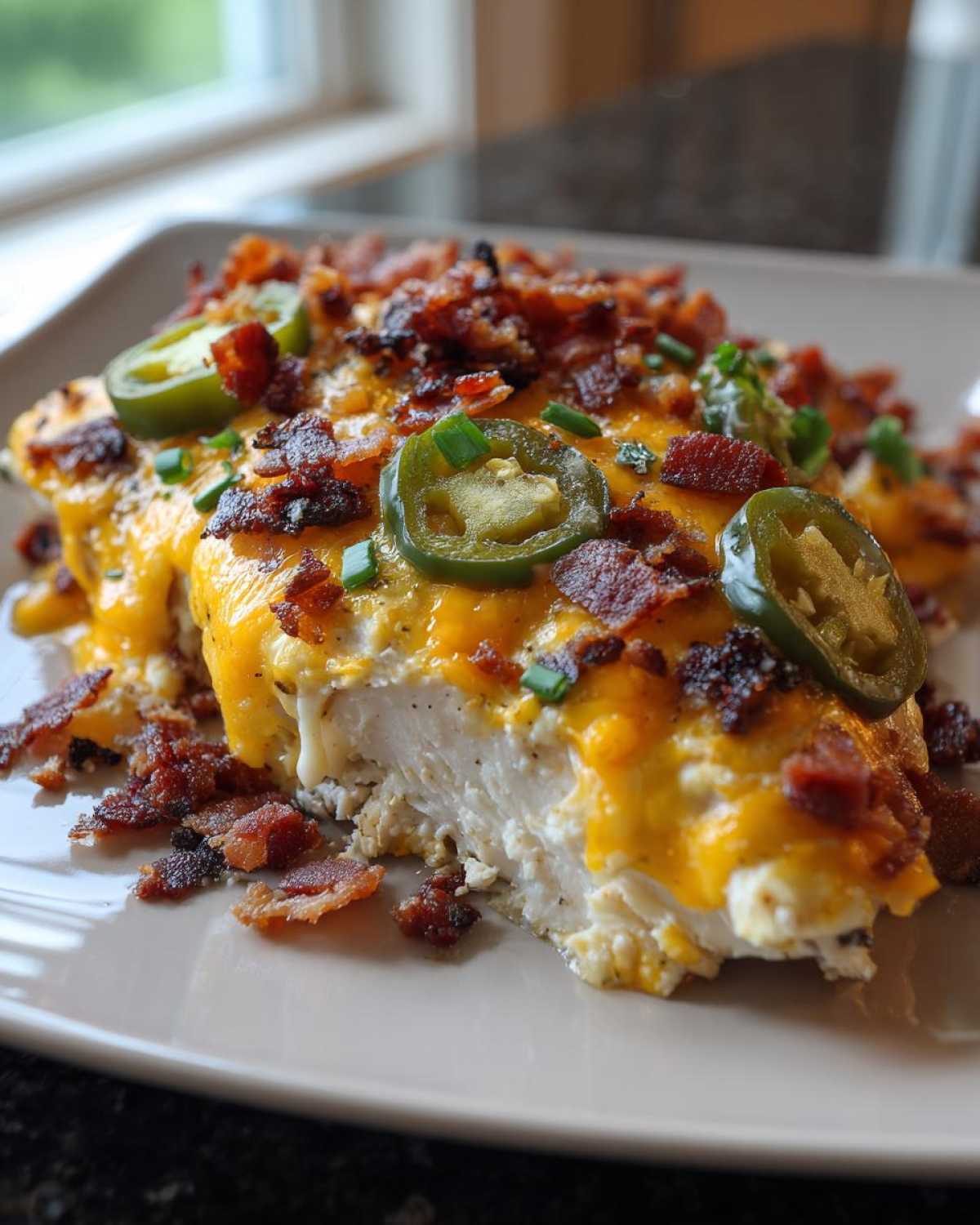 Close-up of Keto Creamy Jalapeno Popper Chicken showing a cross-section of moist chicken topped with melted cheese, bacon, and jalapeno slices.
