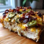 A thick slice of Keto Creamy Jalapeno Popper Chicken topped with melted cheese, bacon bits, and sliced jalapenos.