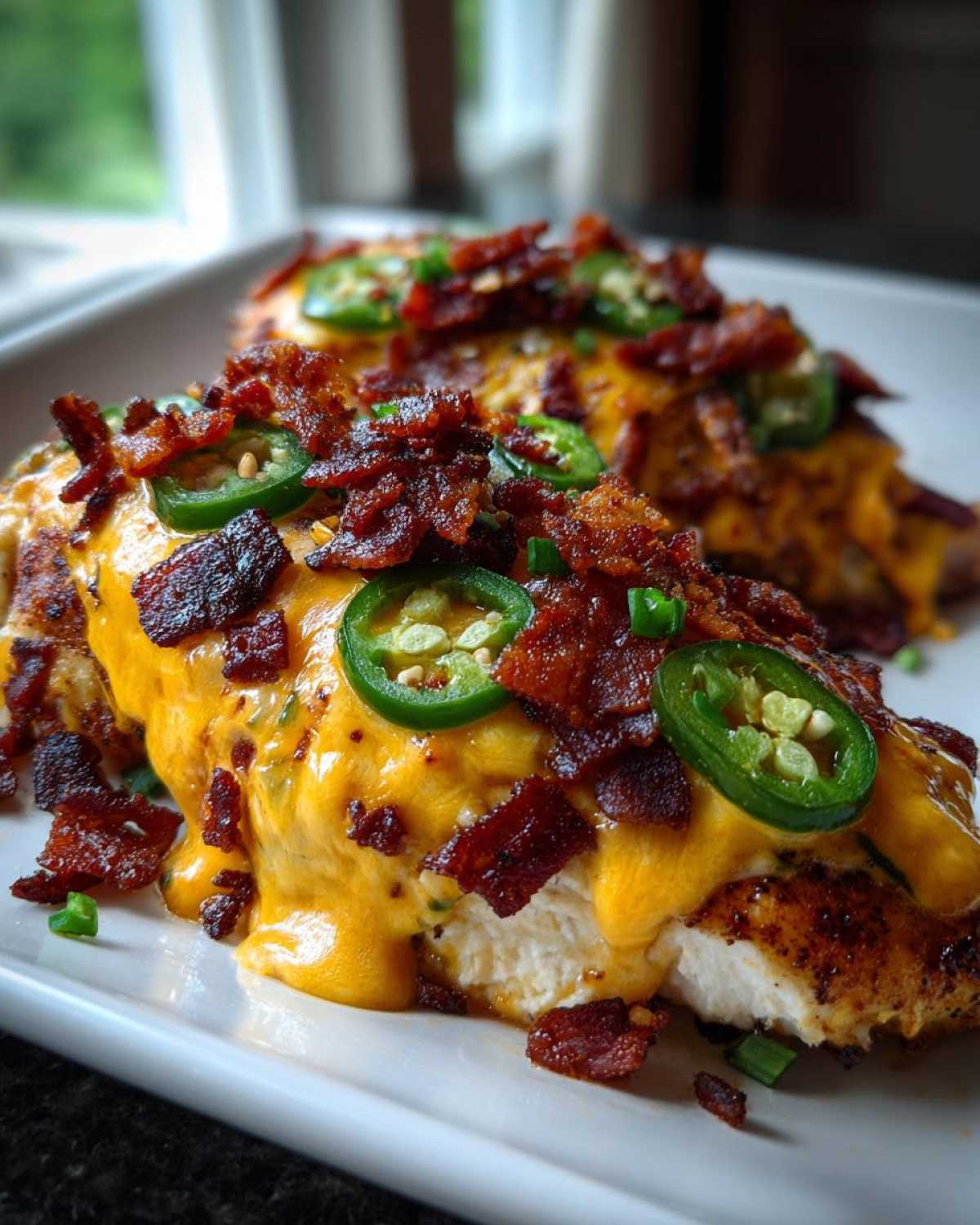 Close-up of Keto Creamy Jalapeno Popper Chicken topped with melted cheese, bacon bits, and fresh jalapeno slices.