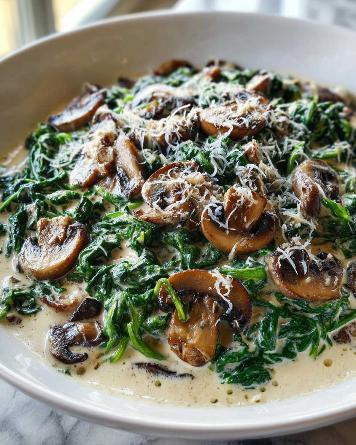 Close-up of Keto Creamy Spinach Mushroom Skillet topped with grated Parmesan cheese.