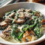 A close-up of Keto Creamy Spinach Mushroom Skillet, featuring sautéed mushrooms and wilted spinach in a rich cream sauce, topped with grated Parmesan.
