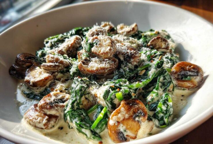 A close-up of Keto Creamy Spinach Mushroom Skillet, featuring sautéed mushrooms and wilted spinach in a rich cream sauce, topped with grated Parmesan.