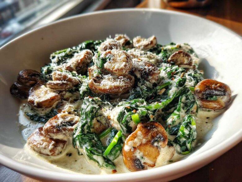 A close-up of Keto Creamy Spinach Mushroom Skillet, featuring sautéed mushrooms and wilted spinach in a rich cream sauce, topped with grated Parmesan.