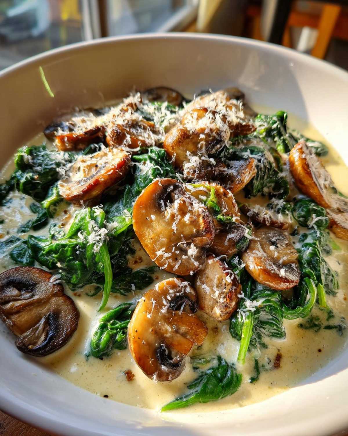 Close-up of Keto Creamy Spinach Mushroom Skillet with sautéed mushrooms, wilted spinach, and grated Parmesan cheese.