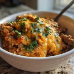 A close-up of a white bowl filled with Keto Creamy Taco Skillet, topped with melted cheddar cheese and fresh cilantro.