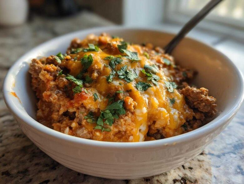 A close-up of a white bowl filled with Keto Creamy Taco Skillet, topped with melted cheddar cheese and fresh cilantro.