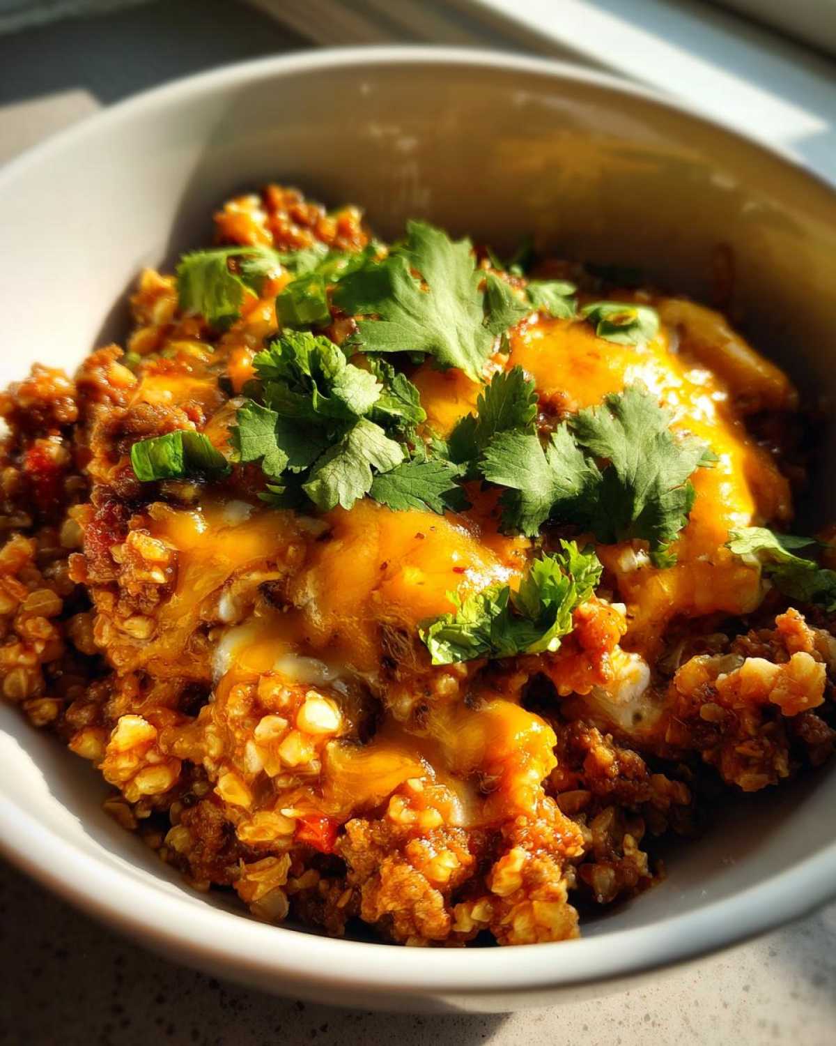 Close-up of Keto Creamy Taco Skillet with cauliflower rice, melted cheddar cheese, and fresh cilantro.