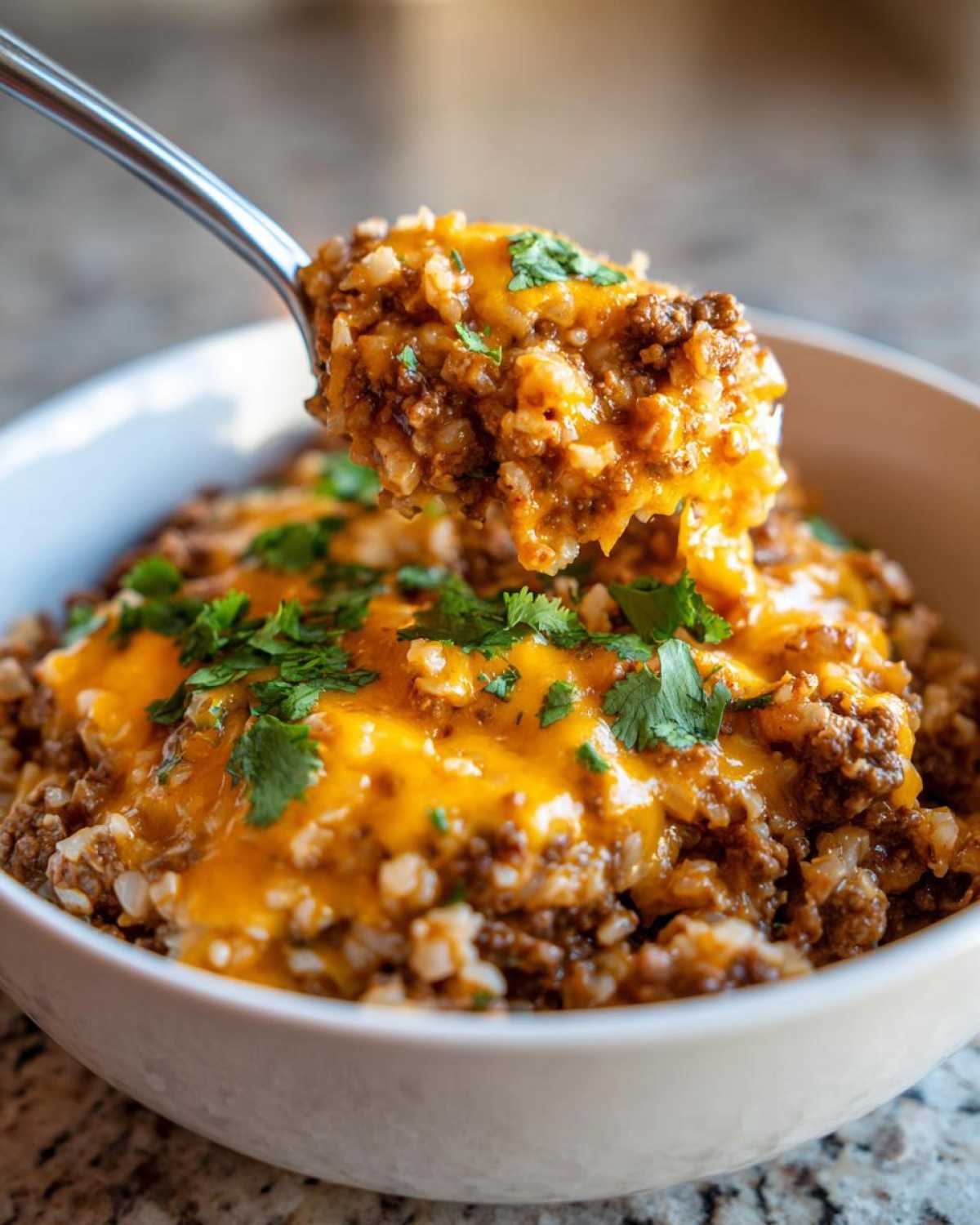 A spoonful of Keto Creamy Taco Skillet with cauliflower rice, seasoned beef, and melted cheddar cheese being lifted from a white bowl.